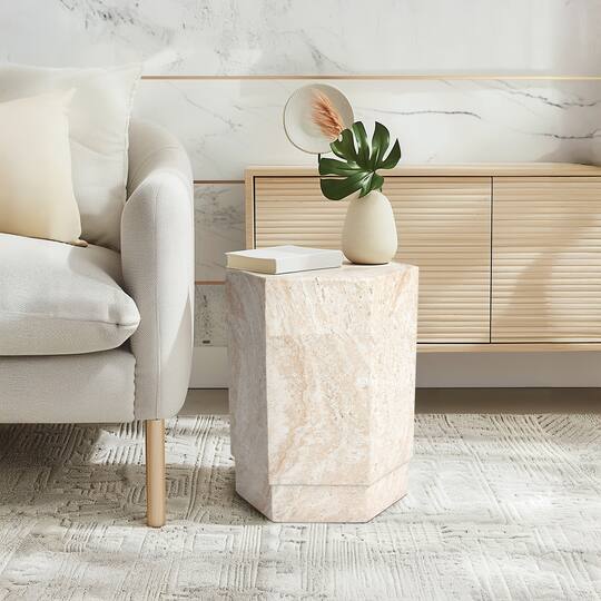 Empire Art Direct 18" Hexagonal Travertine Finish Side Accent Table